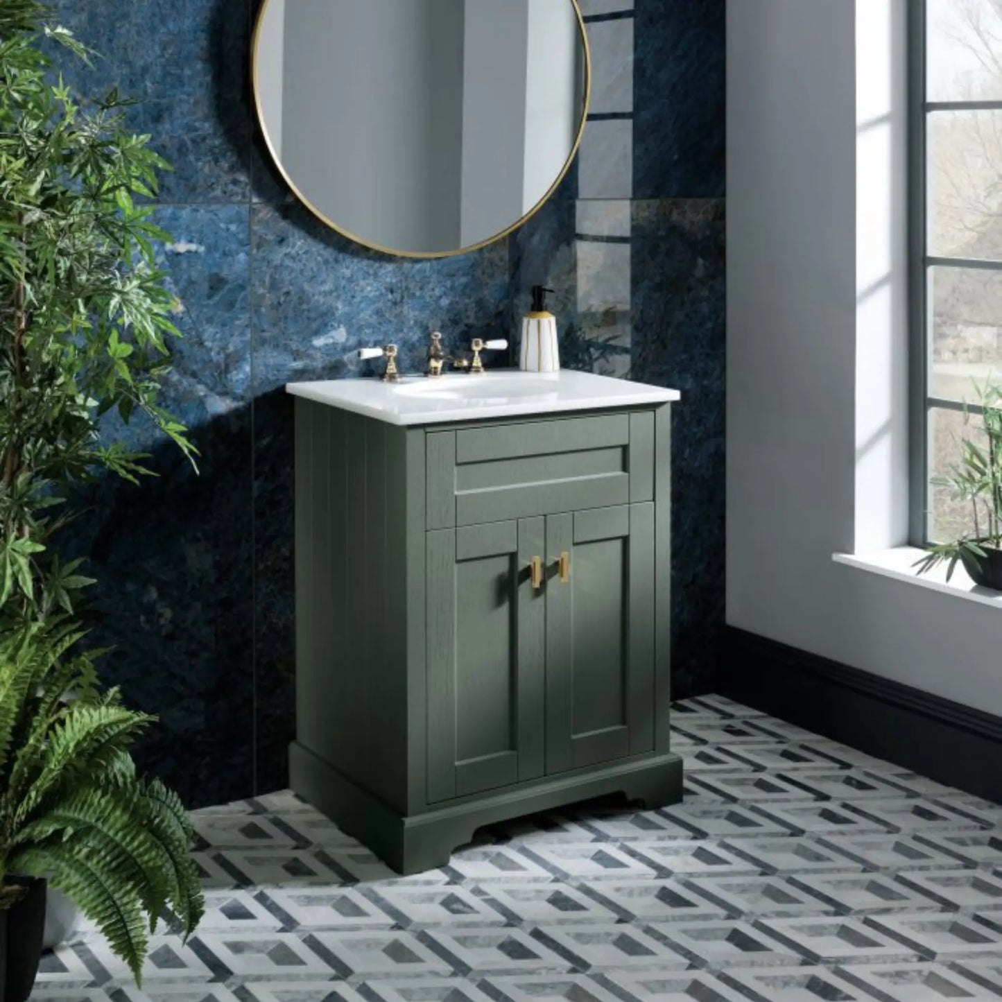 BC Designs, Victrion 2 Door Bathroom Vanity Unit & Marble Basin, Forest Green, 620mm BC Designs vanity unit